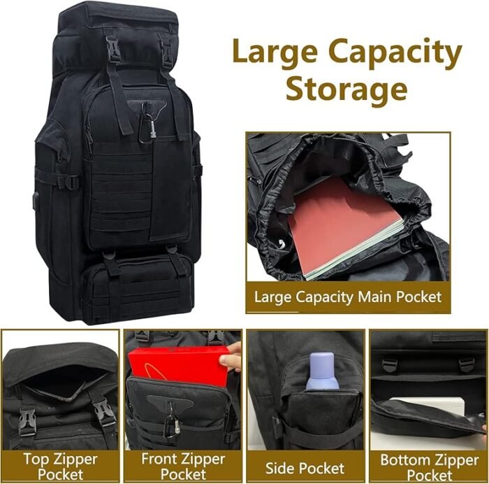 Lizbin  Sac à Dos de Randonnée De Camping 80L, Sac à Dos Tactique Militaire Molle Extra Large, Résistant à l'eau (Noir) - Image 2